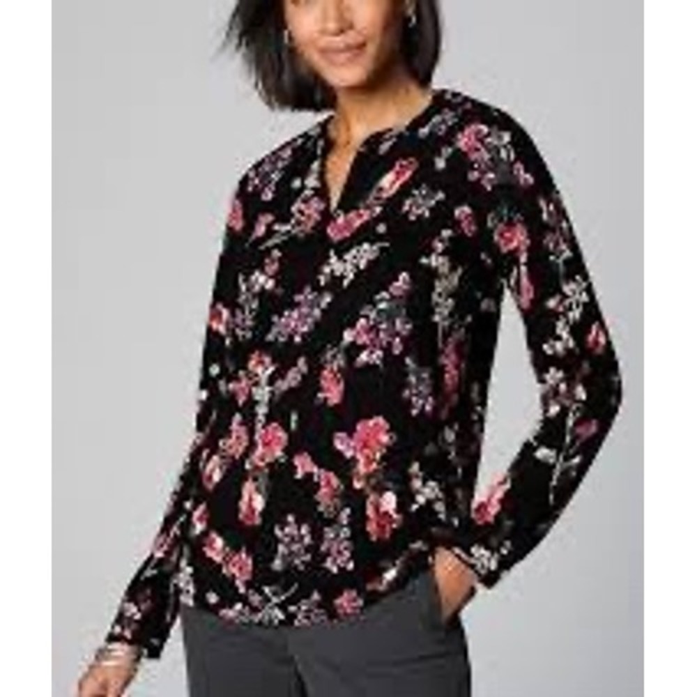 J. Jill Womens Floral Split Neck Blouse Black Pink‎ Velvet Piping Small S